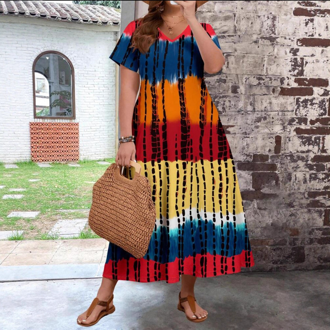 Dame maxi kjole med moderne farvegradient og grafisk mønster Skovae