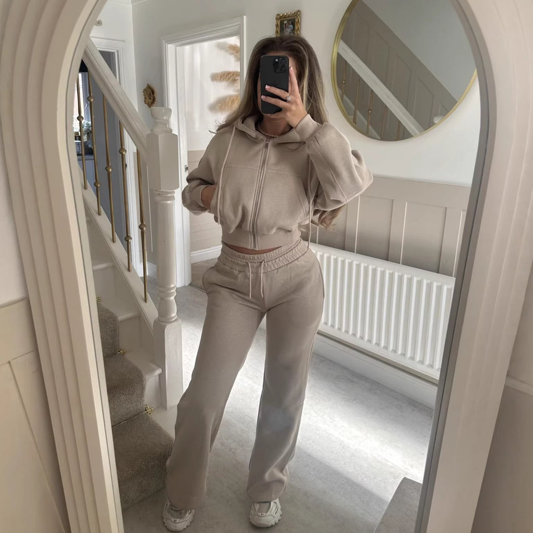 Kvinder casual zip hoodie og loose fit joggingbukser sæt Skovae