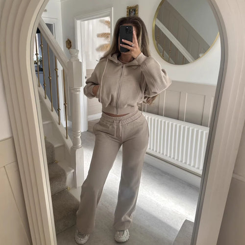 Kvinder casual zip hoodie og loose fit joggingbukser sæt Skovae