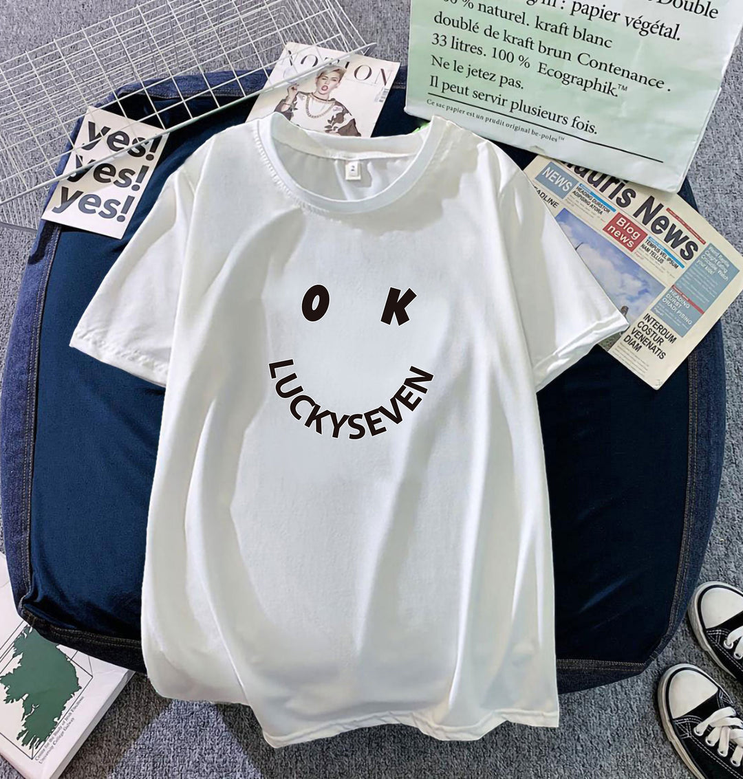 Kvindernes fashionabel t-shirt med afslappet smiley-tryk og høj kvalitet bomulds kvalitet Skovae