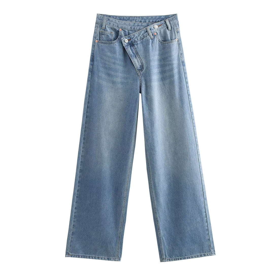 Dame bredt skårne jeans med asymmetrisk knaplukning og høj talje Skovae