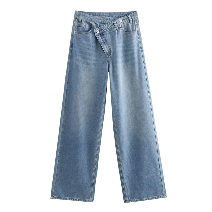 Dame bredt skårne jeans med asymmetrisk knaplukning og høj talje Skovae
