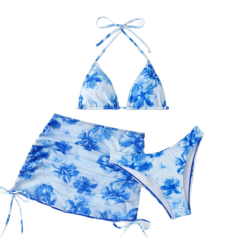 Dame Triangel-Bikini-Sæt med justerbare stropper og blomsterprint indpakningsskørt Skovae