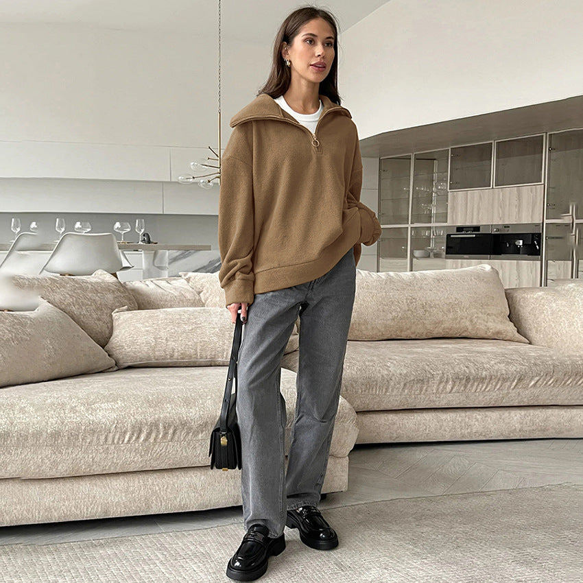 Dame hyggelig fleece-pullover med høj krave og lynlås Stilla