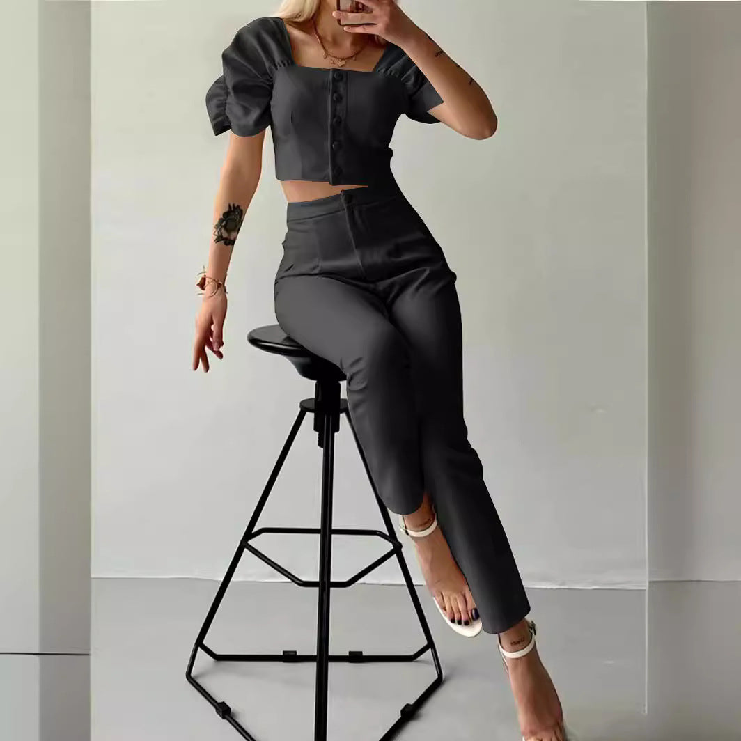 Dame moderigtigt Crop-Top med puffede ærmer og matchende bukser Stilla