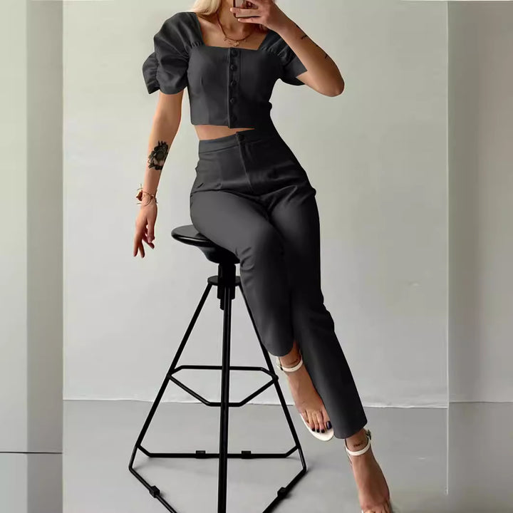 Dame moderigtigt Crop-Top med puffede ærmer og matchende bukser Stilla