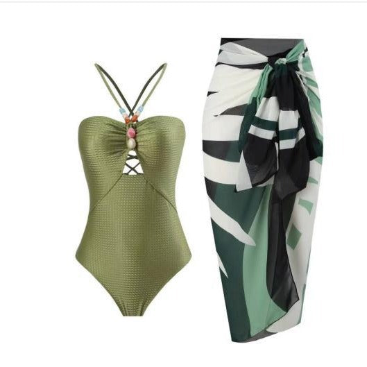 Dame Strappy Lace-Up Enkelt Badeanstyr med matchende Cover-Up Wrap-Top Stilla