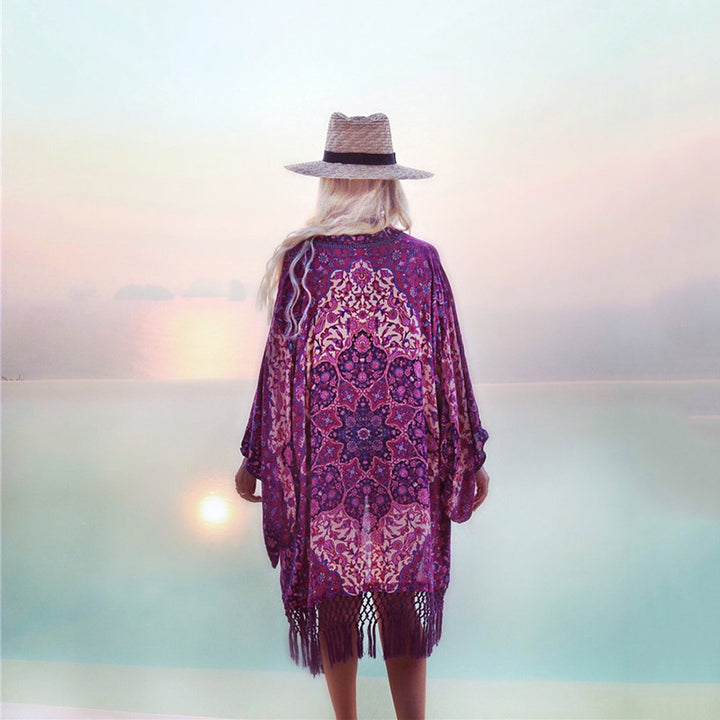 Dame Strandkimono med filigranmønster og elegante frynser Stilla