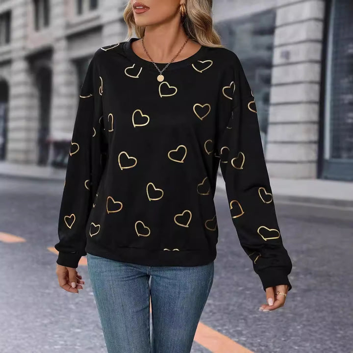 Dame nan løs hjerteprint sweatshirt med rund halsudskæring og ribkant Skovae