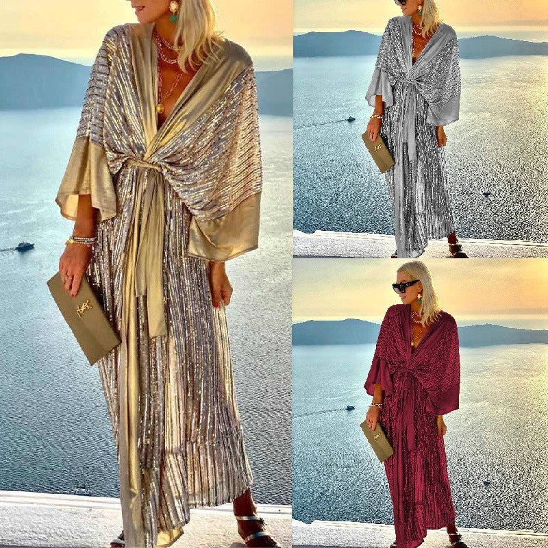 Dame Kaftan Kjole med glitrende folder og svingende kant Stilla
