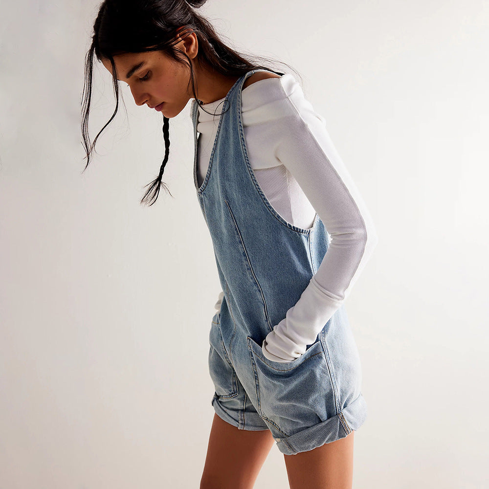 Skovae | Vaskede Denim Justerbare Strop Shorts Jumpsuit