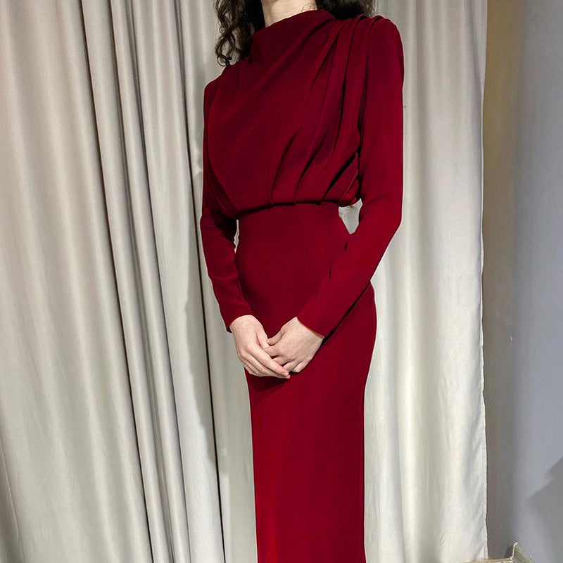 Dame elegant Langærmet kjole med høj hals og drapering Stilla