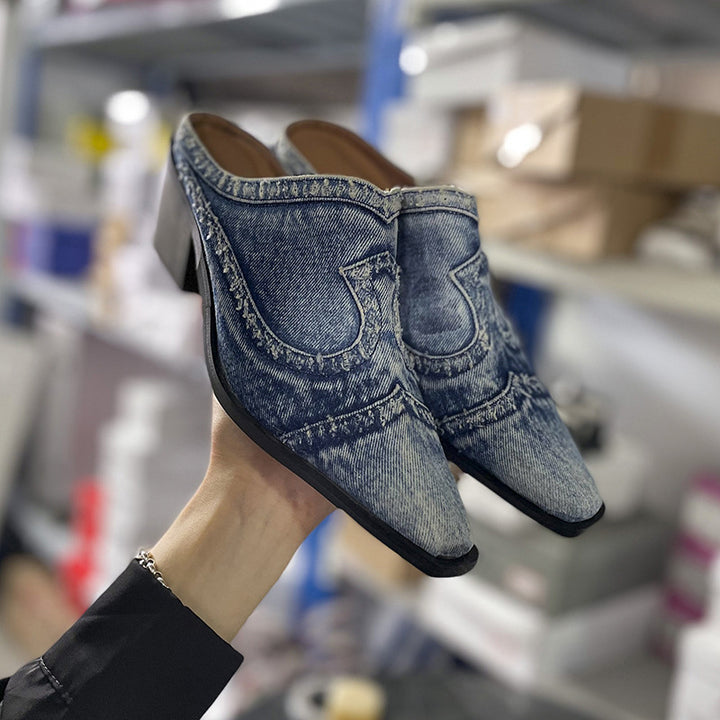 Dame elegante Mules med moderigtigt jeans-design og komfortabel blokhæl Stilla