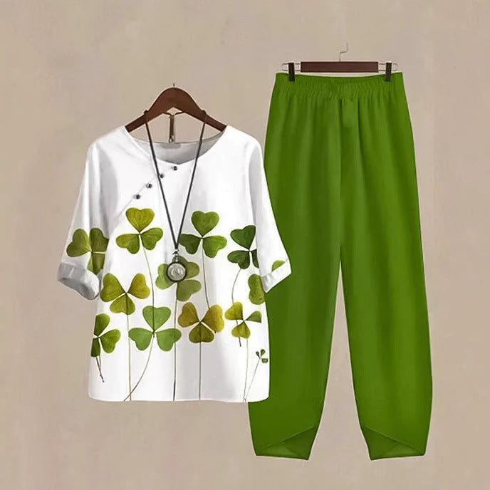 Dame nan to-delt casual ensemble med kløveprint-tunika og elastisk komfortbånd-buks Skovae