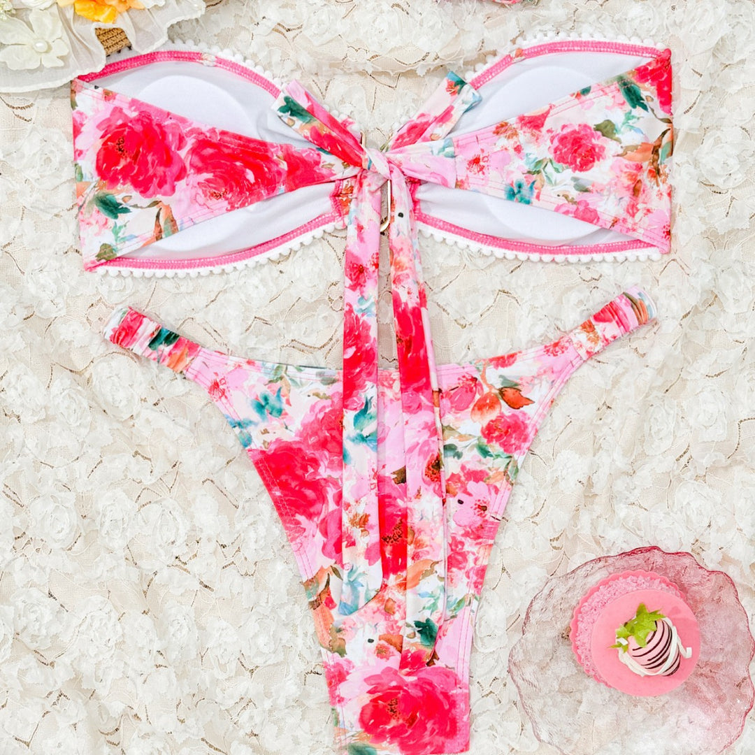 Dame Floral Print Bandeau Bikini Sæt Stilla