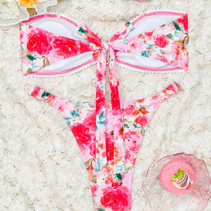 Dame Floral Print Bandeau Bikini Sæt Stilla