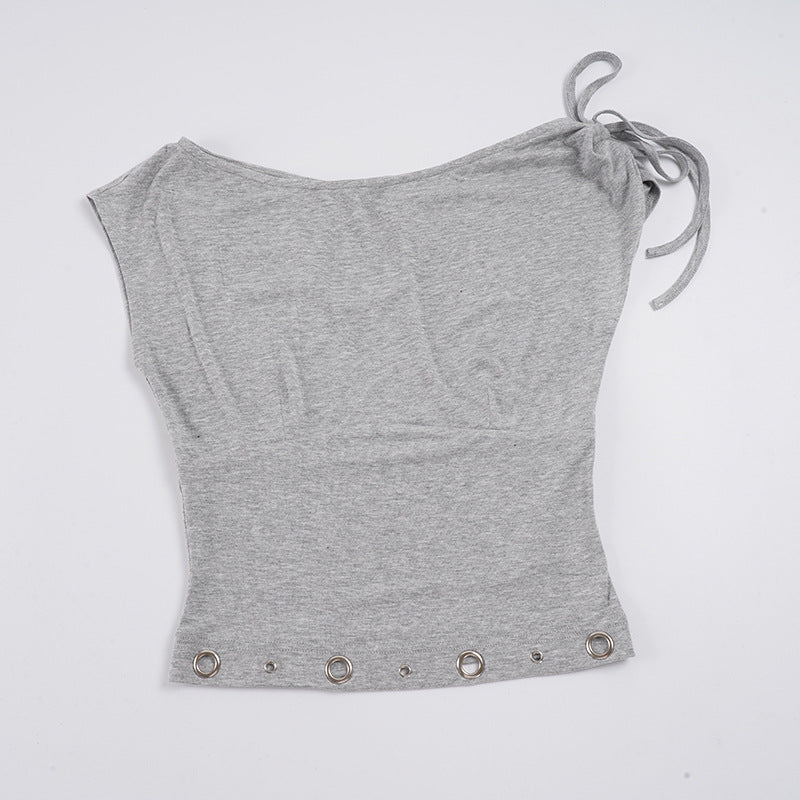 Damen asymmetrisches Oberteil mit dekorativen Schnürdetails und metallischen Ösen Skovae