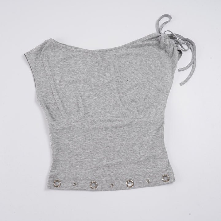 Damen asymmetrisches Oberteil mit dekorativen Schnürdetails und metallischen Ösen Skovae