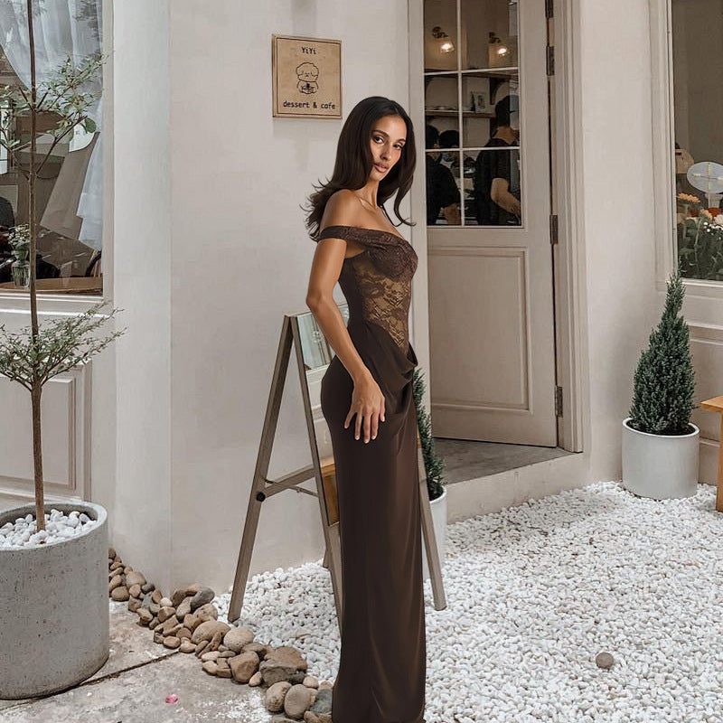 Damer aftenkjole med off-shoulder blonde top og flydende nederdel Skovae