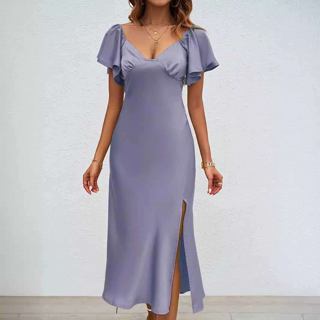 Dame maxikjole med elegante puffærmer og sidelæg Stilla