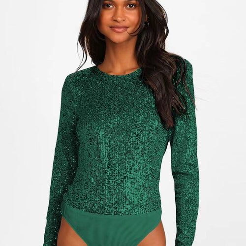 Kvinderne Glitrende Bodysuit med Lange Ærmer og Skinnende Topmateriale Skovae