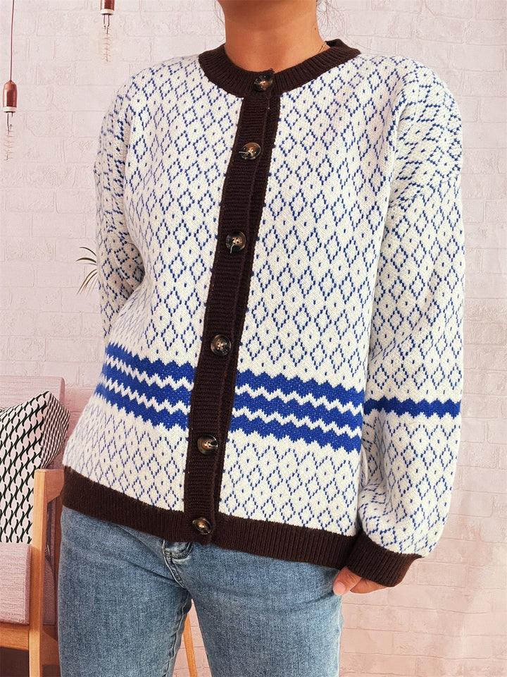 Kvinders cardigan med geometrisk mønster og elegante knapdetaljer Stilla