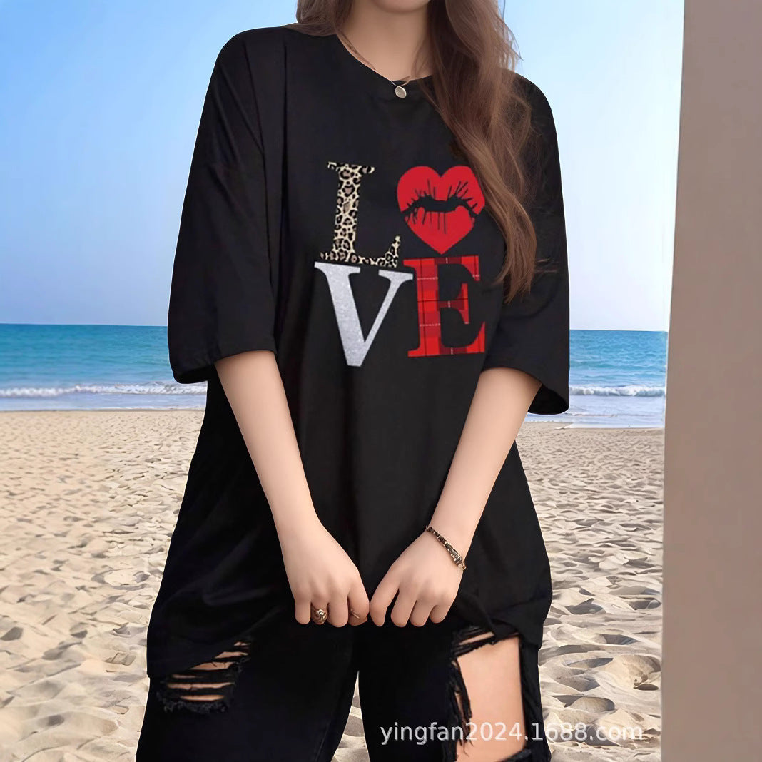 Dame Grafik Kærlighed Tryk Oversized T-Shirt Stilla