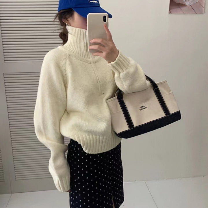 Kvindernes hyggelige strikkede sweater med høj krave og lynlås