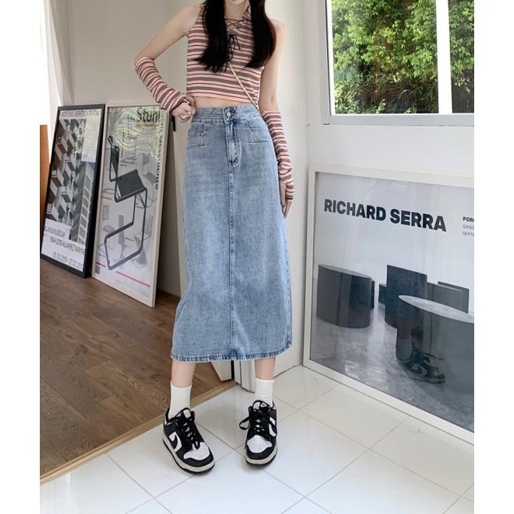 Kvinders afslappede midi denim nederdel med sideslidser Stilla