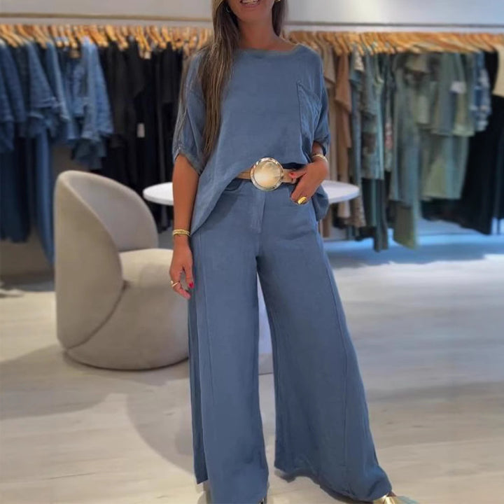 Damer nan afslappet hørmix-sæt med kasseformet oversized-top, påsyet brystlomme og bred palazzo-bukseben Skovae