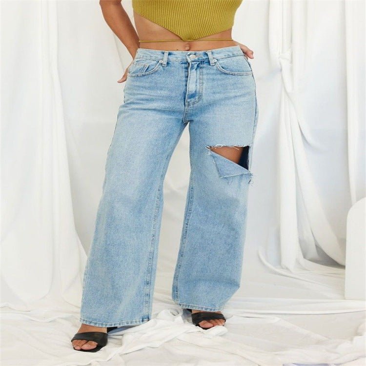 Dame Høj Talje Bred Ben Jeans med Ripped-detaljer Stilla