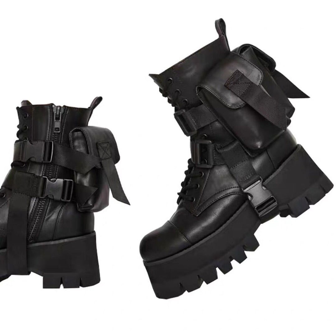 Femme Chunky Combat Støvler med Utility Lommer Stilla