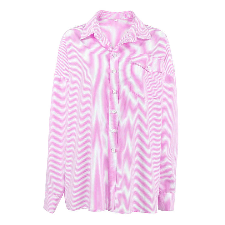 Dame stribet oversized skjorte med brystlomme og afslappet snit Stilla