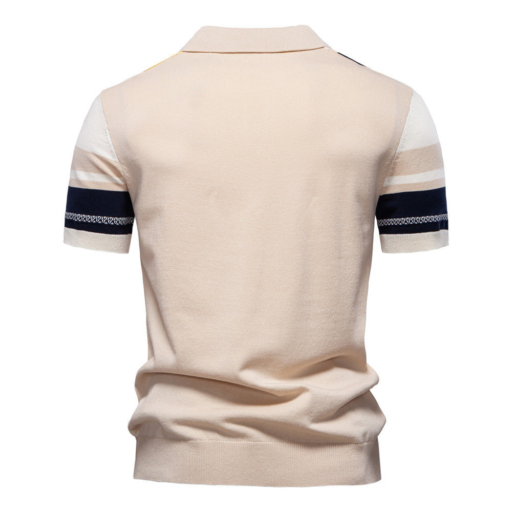 Herre nano retro-inspireret strikpolo med vertikal intarsiestruktur og åben Kent-krave Skovae