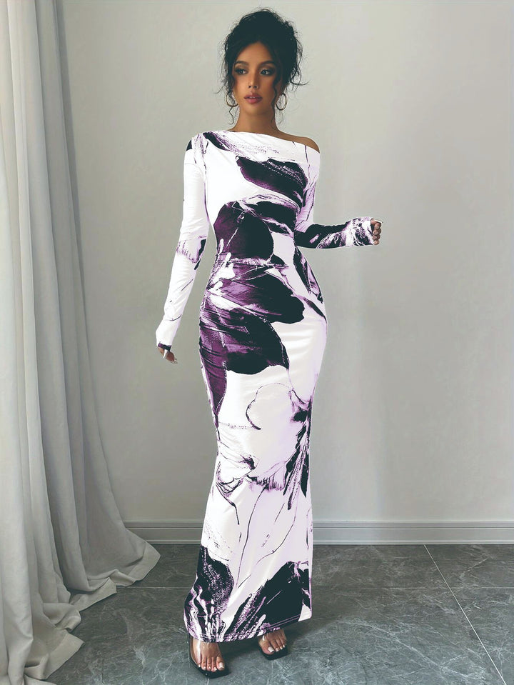Dame Elegant Off-Shoulder Maxikjole med kunstnerisk blomsterdesign Stilla