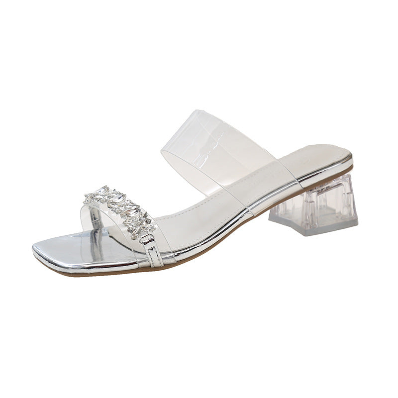 Dame elegante Open-Toe Blockhæls Mules med strasdekoration Stilla