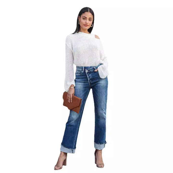 Dame High-Waist Jeans med afslappet Wide-Leg-snit og frynset ender Stilla