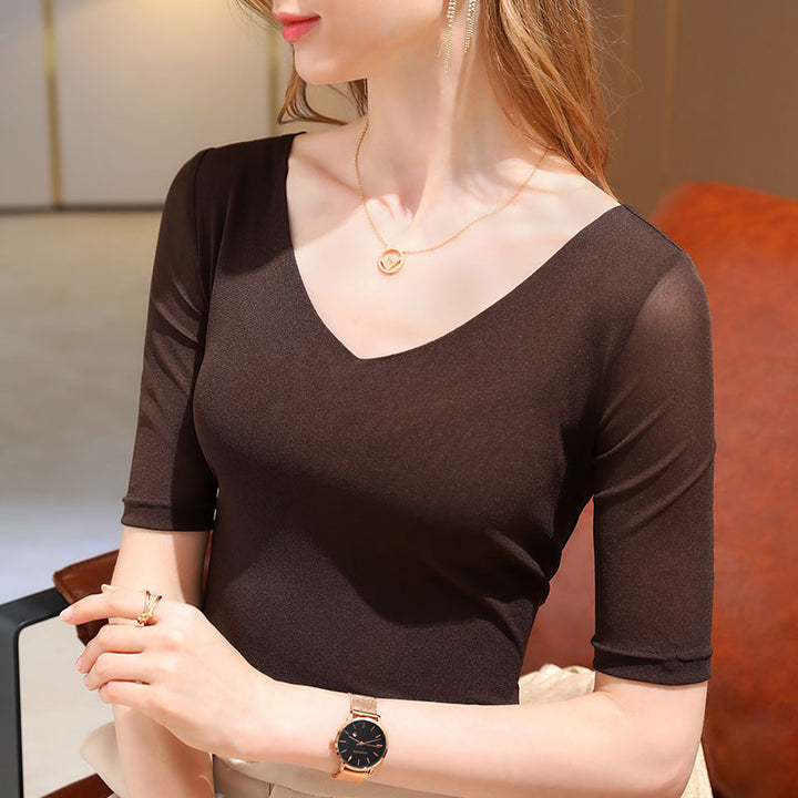 Dame Elegant V-hals Kortærmet skjorte med transparente ærmer Stilla