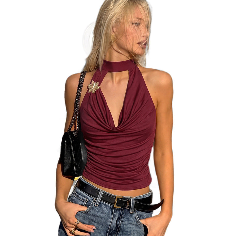 Damen Wickeloberteil mit tiefem V-Ausschnitt und dekorativem Halter Skovae