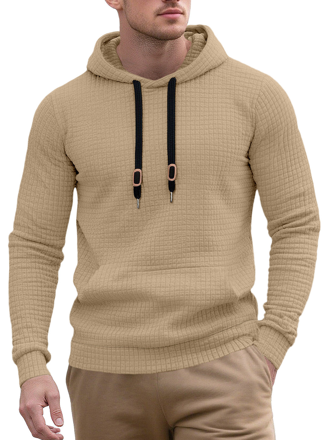 Herren nan snævre skåret quiltet hættepullover med fin kvadratstruktur, snoretræk og ribbet nederste del Skovae