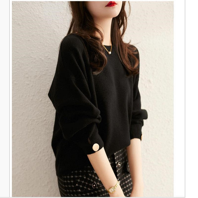 Dame elegant strikpullover med tidløst V-hals og moderne puffærmer Stilla