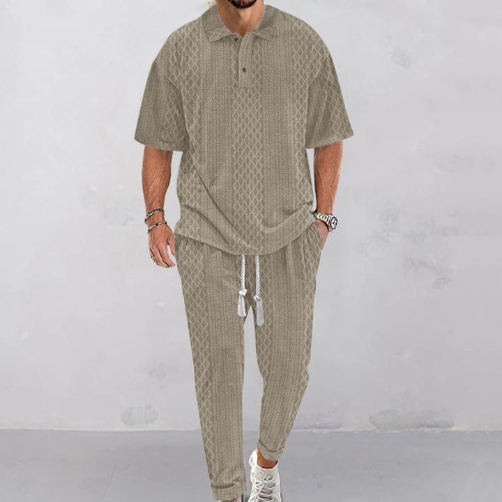 Herrer nan Jacquard-loungewear-sæt med polokrave, snortræk og konisk skåret joggerbukser Skovae
