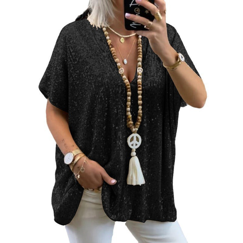 Dame Pailletter V-Udskæring Oversized Top Stilla