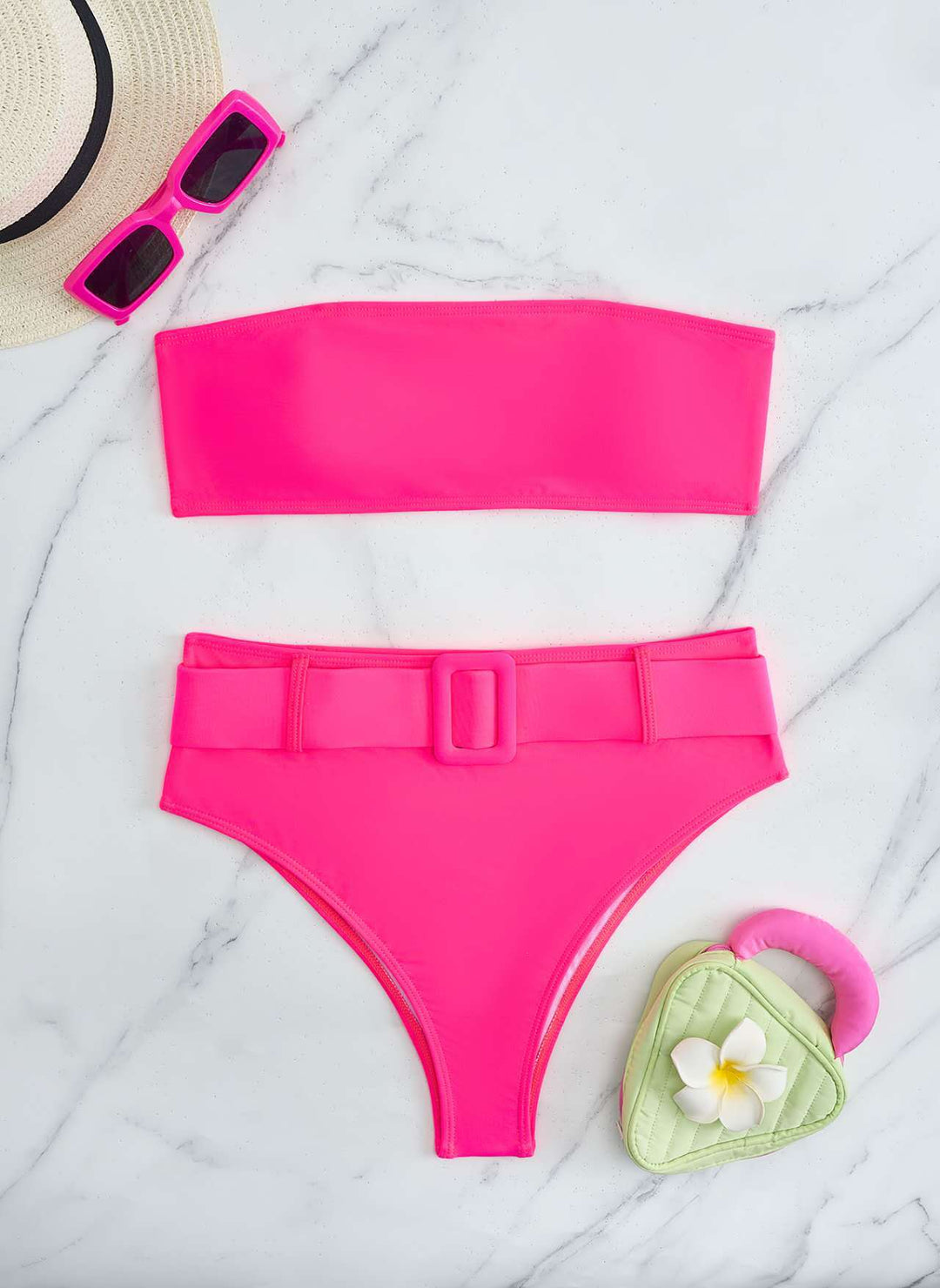 Dame Bandeau-bikini-sæt med højtaljet buks og trendy bælte detalje Skovae