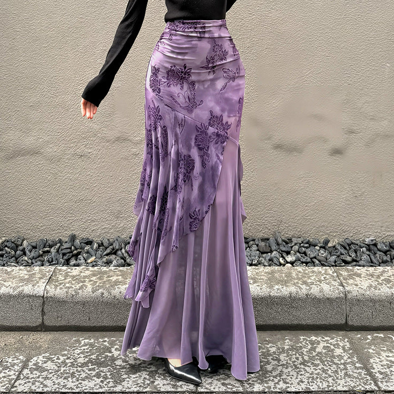 Damen asymmetrischer Maxirock mit floralen Details und transparenten Schichten Skovae
