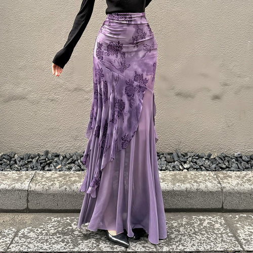 Damen asymmetrischer Maxirock mit floralen Details und transparenten Schichten Skovae