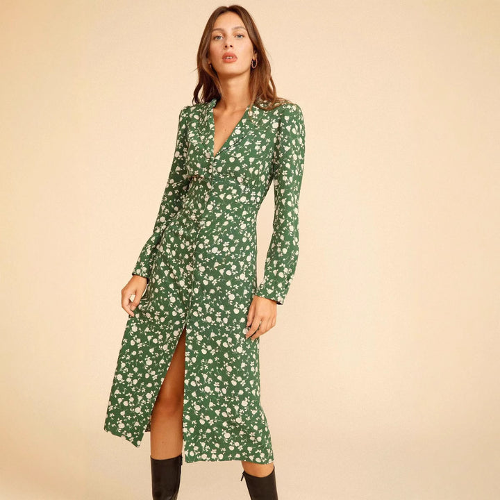 Dame Midikjole med florale accenter og elegant indpakningsdesign Stilla