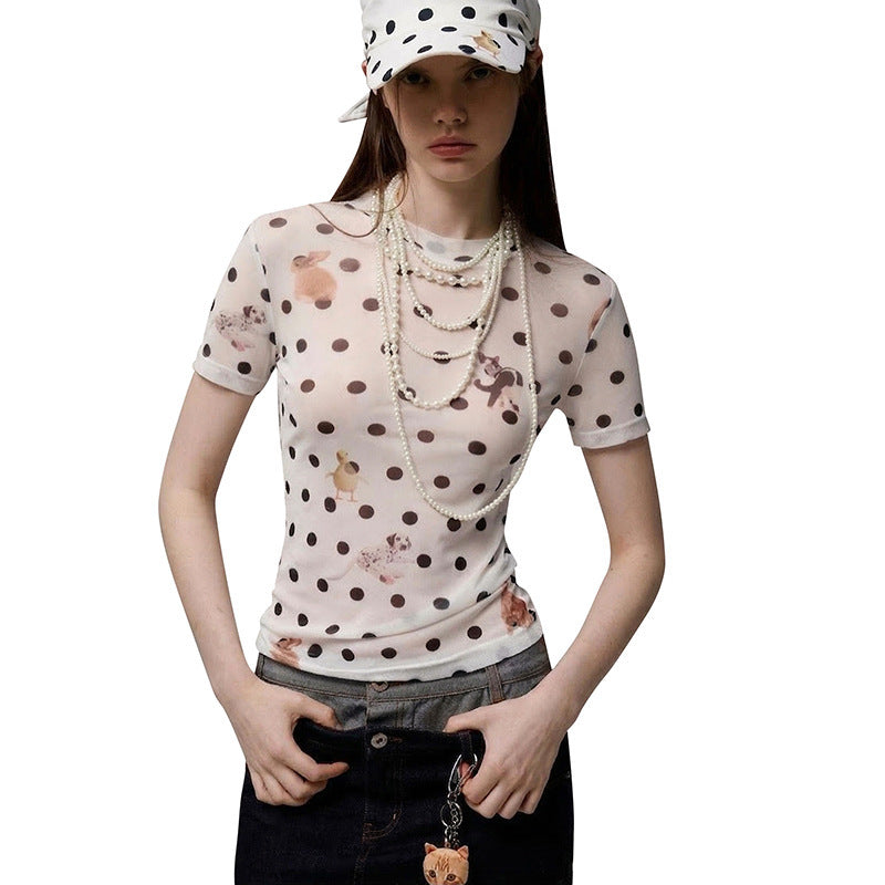 Damen Figurbetontes Polka-Dot T-Shirt mit verspieltem Tierdesign Skovae