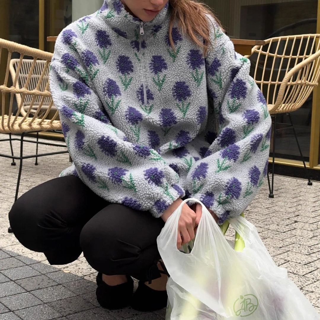 Dame fleece pullover med blomsterprint og høj krave Stilla