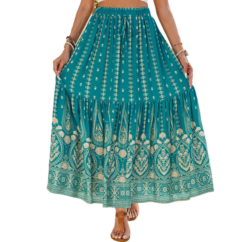 Dame Bohemian Stil Maxi Nederdel med elastisk Talje og kompliceret Tryk Stilla